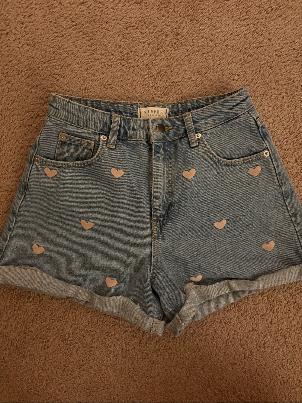 Harper Denim Blue Jean Shorts with Blush Heart Print
